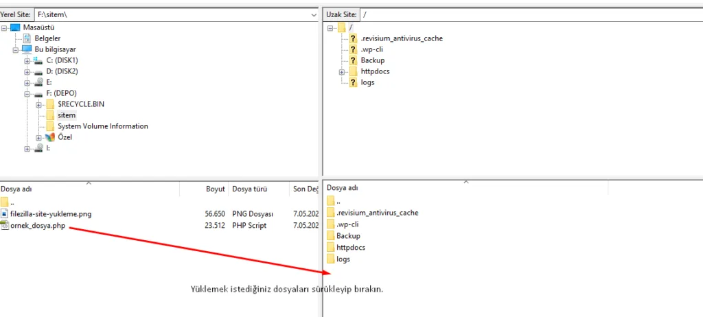 FileZilla site yöneticisi bağlantı ayarları
