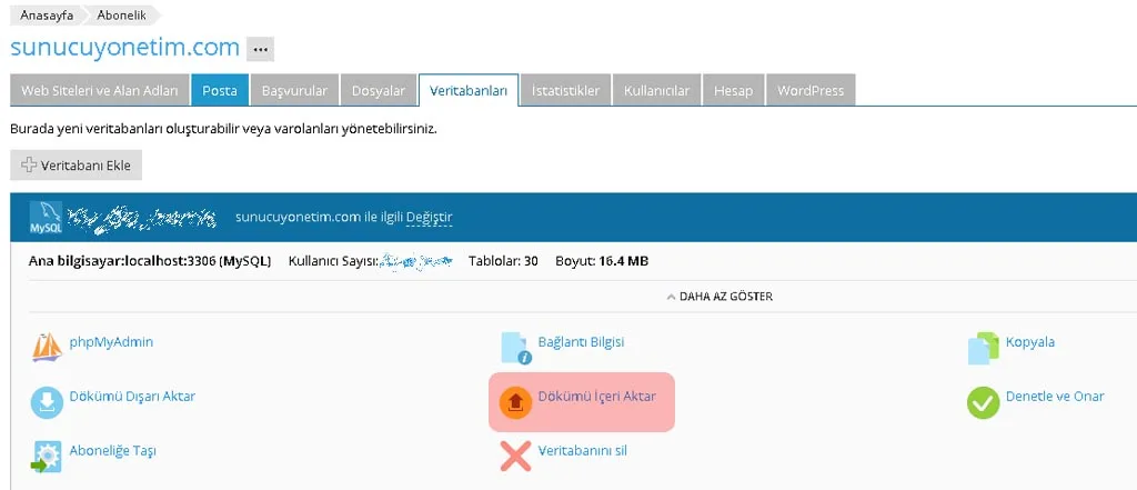 Mysql veritabanı geri yükleme plesk panel ile