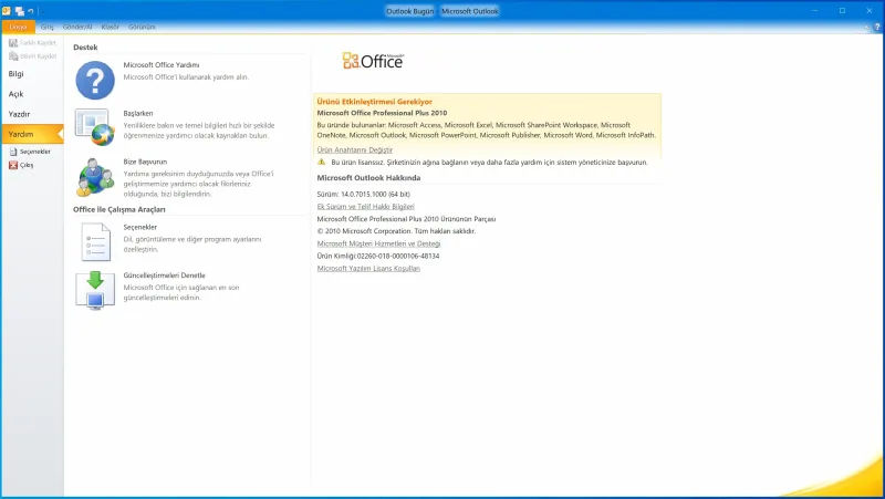 Outlook 2010 sürüm kontrol ekranı
